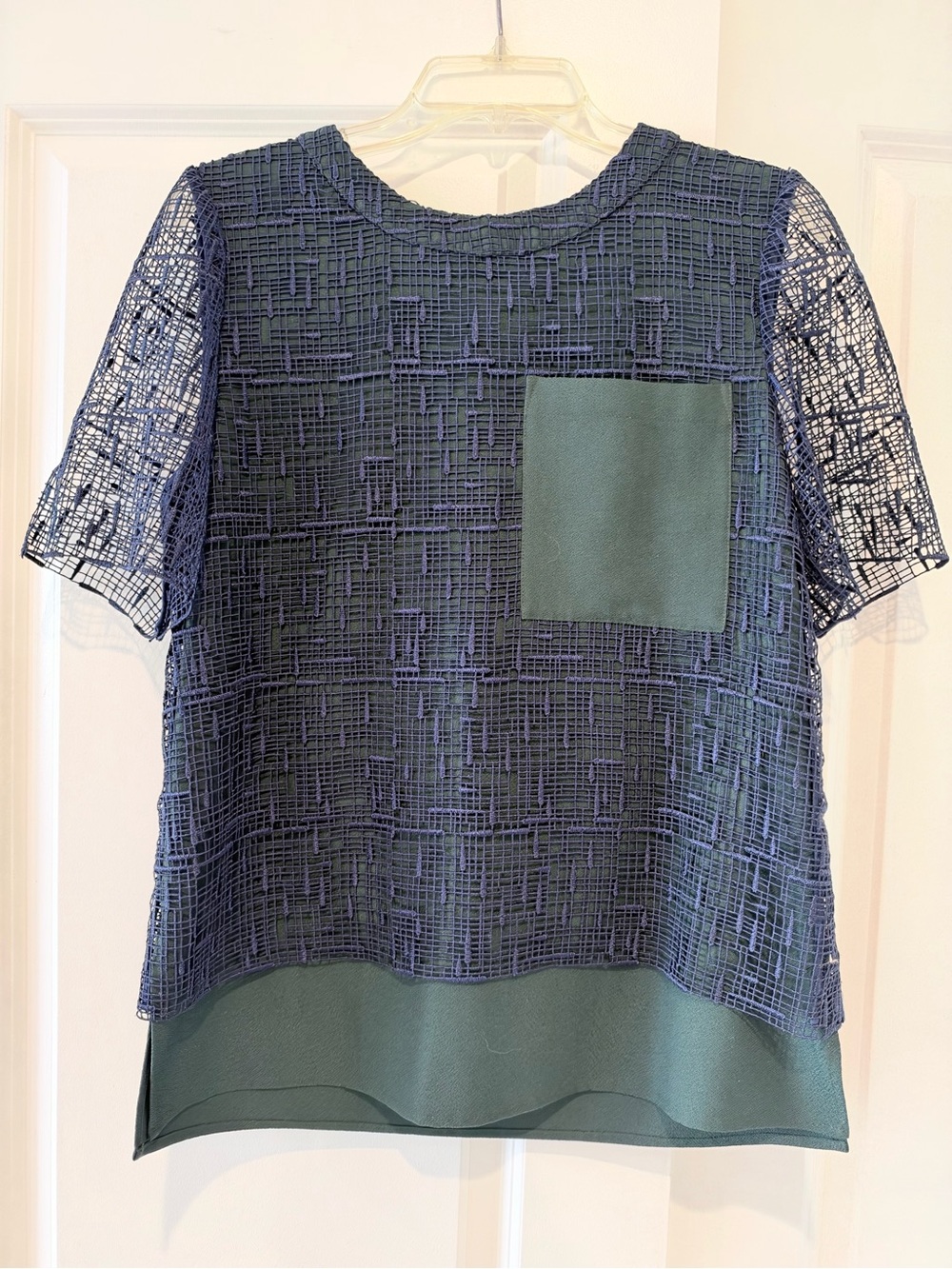 Jason Wu Navy Lace Overlay Top with Green Accent Pocket